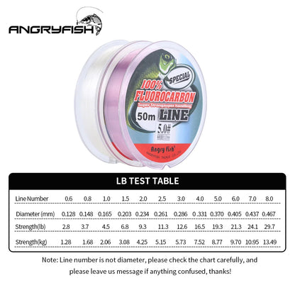 Angryfish Fluorocarbon Fishing Line 50m Transparent/Pink Super strong Carbon Fiber Leader Line