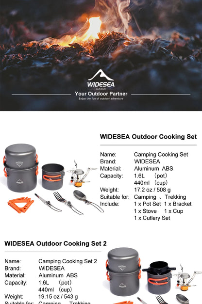 Widesea Camping Cookware Set Outdoor Tableware Equipment Supplies Burner Stove Folding Knife Fork Portable Pot Suit Tourism Cup Daniel’s Outdoor Company
