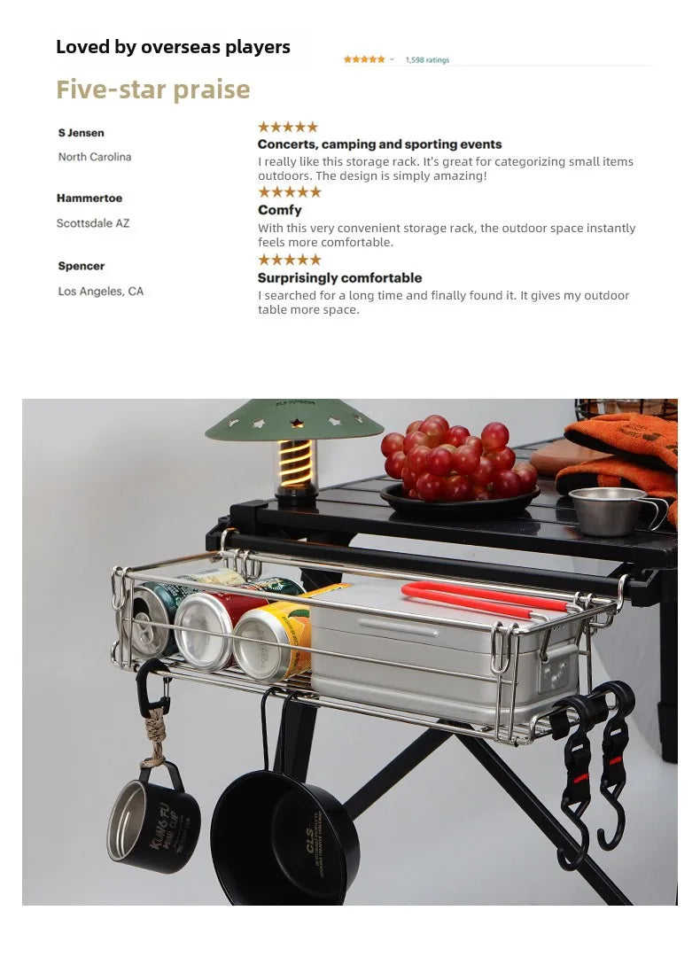 Outdoor Aluminum Table Side Storage Rack Hanging Mesh IGT Table Expansion Bracket Folding Table Extension Basket Folding Rack Daniel’s Outdoor Company