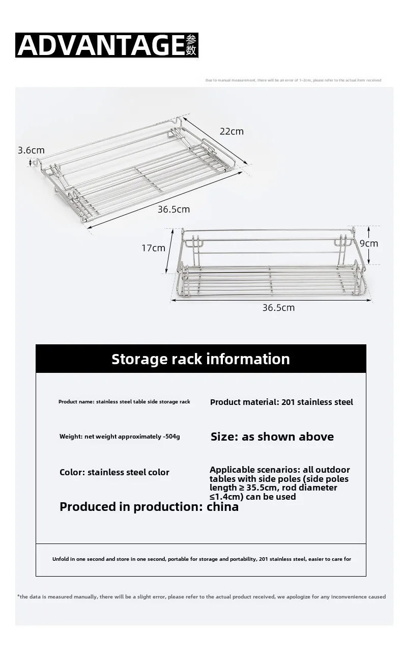 Outdoor Aluminum Table Side Storage Rack Hanging Mesh IGT Table Expansion Bracket Folding Table Extension Basket Folding Rack Daniel’s Outdoor Company