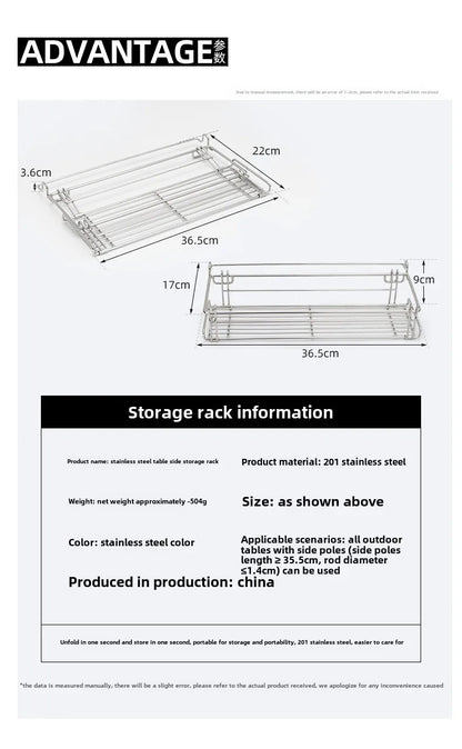 Outdoor Aluminum Table Side Storage Rack Hanging Mesh IGT Table Expansion Bracket Folding Table Extension Basket Folding Rack Daniel’s Outdoor Company