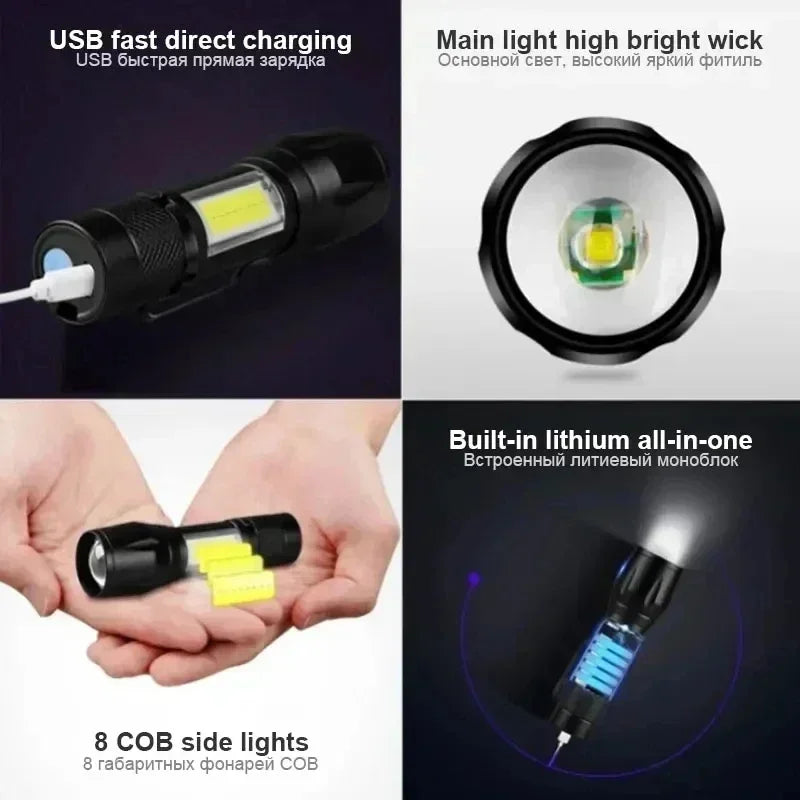 Portable Rechargeable LED Flashlight with Pen Clip Zoomable Waterproof Torch with Side Light Outdoor Camping Emergency Lantern - Daniel’s Outdoor Company