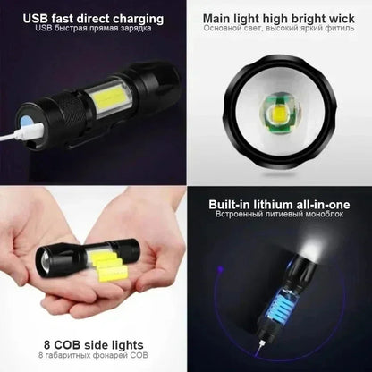 Portable Rechargeable LED Flashlight with Pen Clip Zoomable Waterproof Torch with Side Light Outdoor Camping Emergency Lantern - Daniel’s Outdoor Company