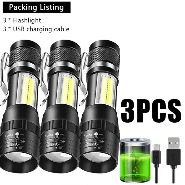 Portable Rechargeable LED Flashlight with Pen Clip Zoomable Waterproof Torch with Side Light Outdoor Camping Emergency Lantern - Daniel’s Outdoor Company
