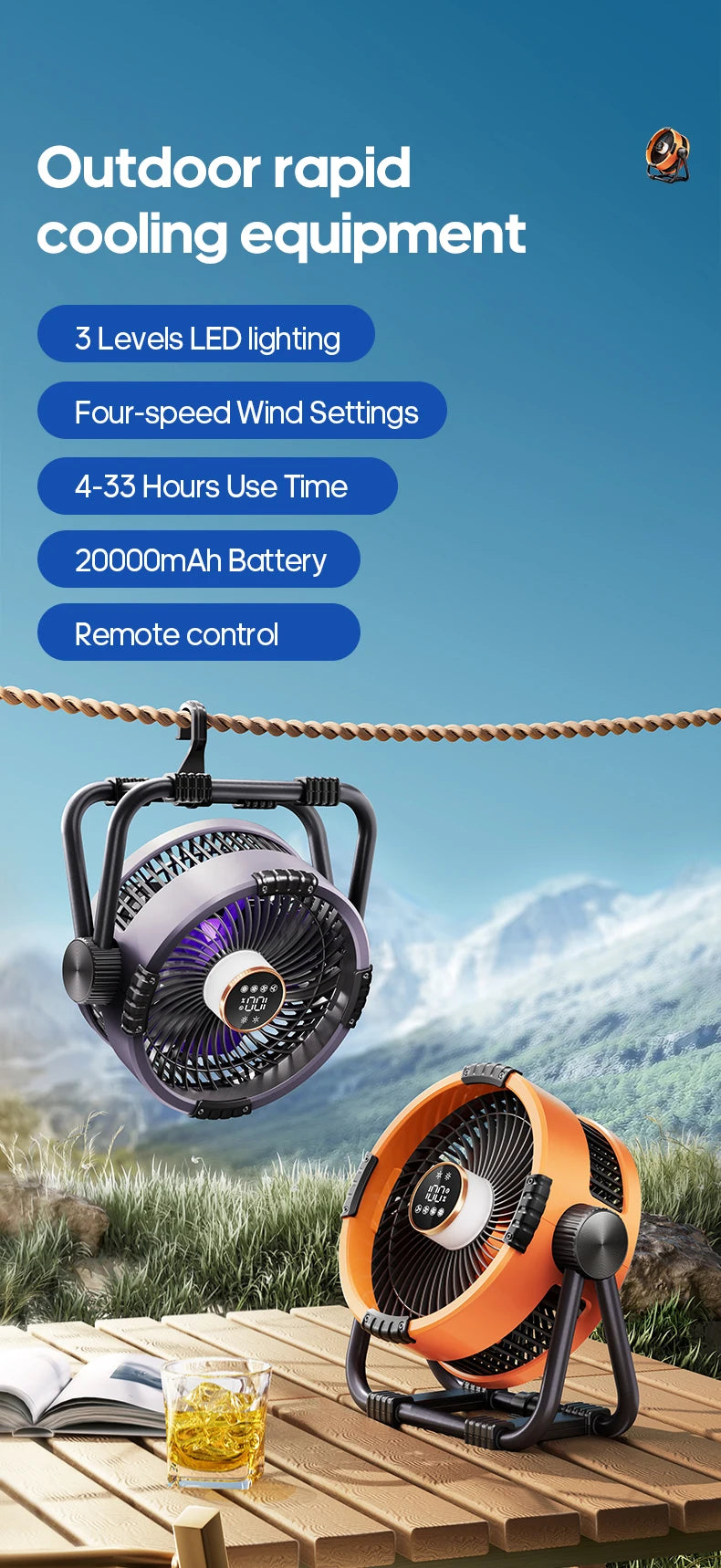 Portable 6 in 1 Outdoor Camping Fan 20000mAh Rechargeable Wireless Tent Ceiling Fan 4 Speed Adjustment LED Lighting Power Bank Daniel’s Outdoor Company