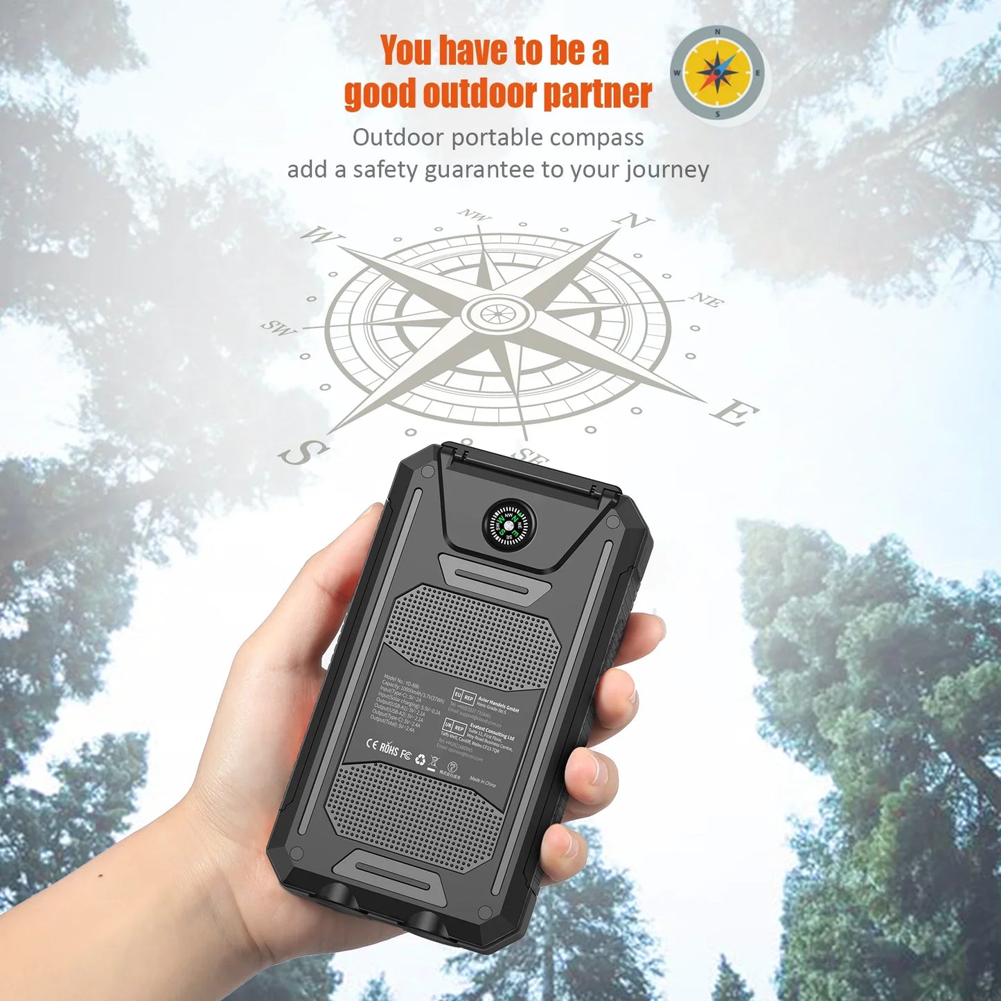 10000mAh Solar Charging Power Bank,Dual USB & Type C Output Port Multicharger Power Bank with Flashlight and Compass Daniel’s Outdoor Company