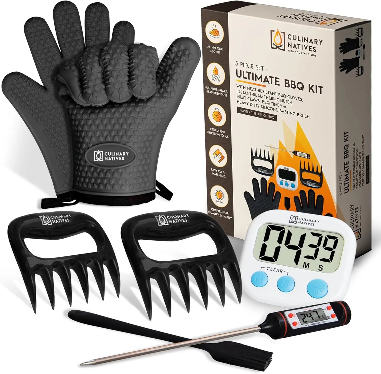 Heat-Resistant BBQ Gloves & Meat Claws Set with Thermometer, Timer, Brush for Grilling Daniel’s Outdoor Company
