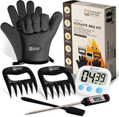Heat-Resistant BBQ Gloves & Meat Claws Set with Thermometer, Timer, Brush for Grilling Daniel’s Outdoor Company