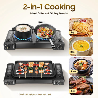 2500W Portable Camping Stove 2 Burners Camping Stove with Baking Tray&Portable Case use  Butane or LPG Home Application Outdoor Daniel’s Outdoor Company