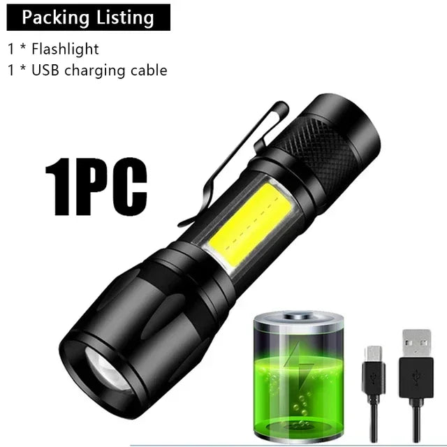 Portable Rechargeable LED Flashlight with Pen Clip Zoomable Waterproof Torch with Side Light Outdoor Camping Emergency Lantern - Daniel’s Outdoor Company