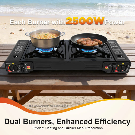 2500W Portable Camping Stove 2 Burners Camping Stove with Baking Tray&Portable Case use  Butane or LPG Home Application Outdoor Daniel’s Outdoor Company