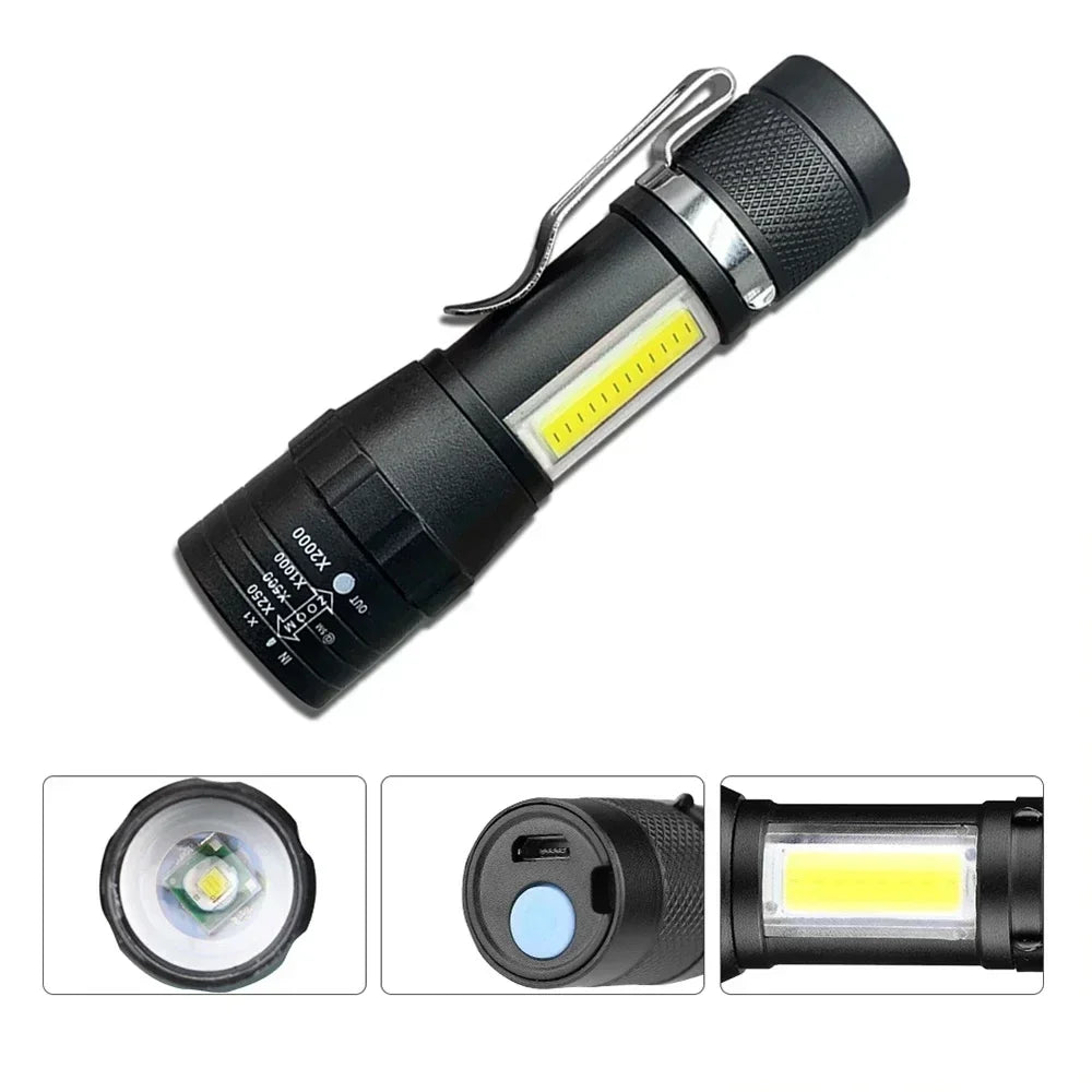Portable Rechargeable LED Flashlight with Pen Clip Zoomable Waterproof Torch with Side Light Outdoor Camping Emergency Lantern - Daniel’s Outdoor Company