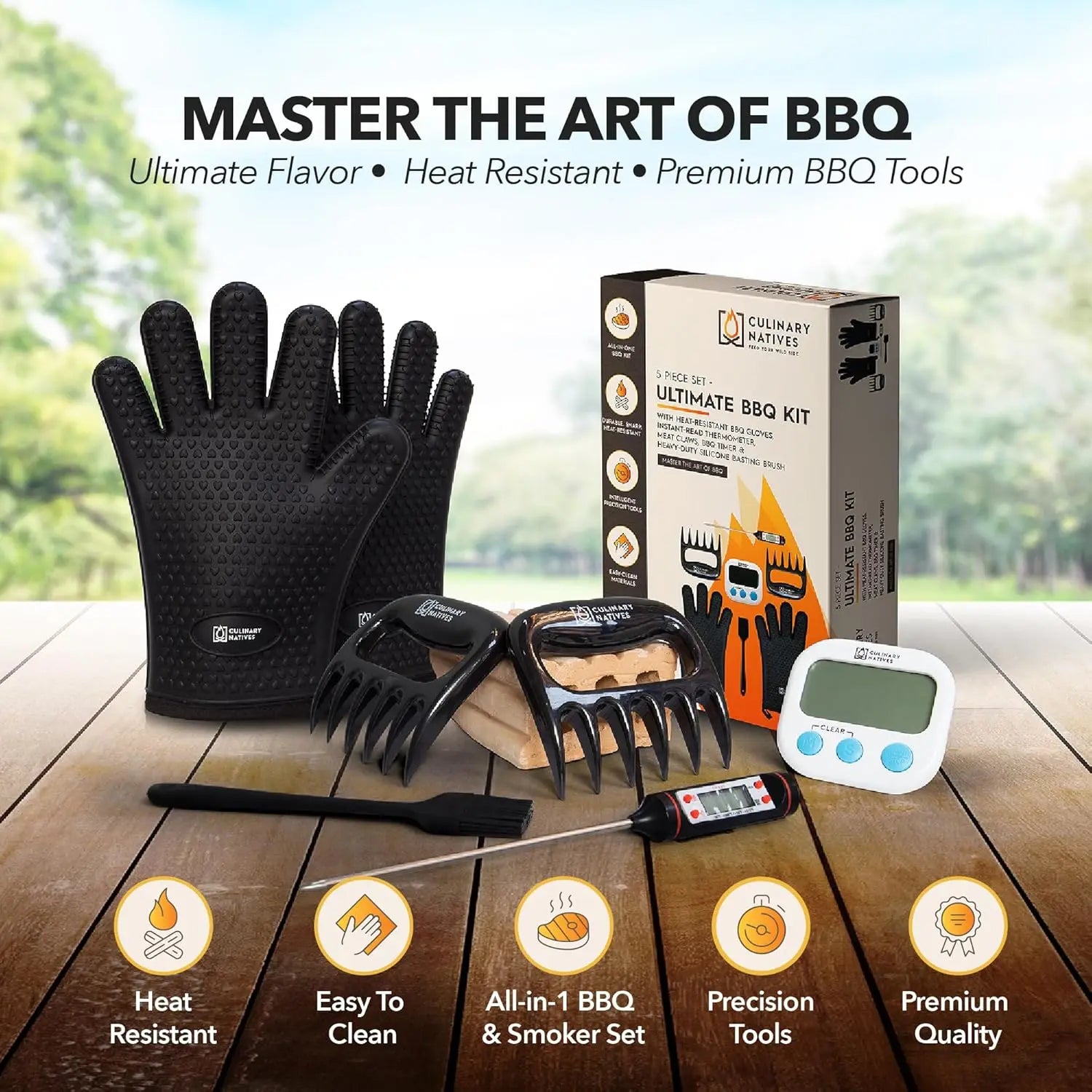 Heat-Resistant BBQ Gloves & Meat Claws Set with Thermometer, Timer, Brush for Grilling Daniel’s Outdoor Company