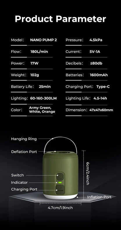 WESTTUNE Tiny Air Pump with Camping Lantern 4.5kPa Air Pump with Magnetic Design for Inflatable Air Mattress Sleeping Pads Daniel’s Outdoor Company