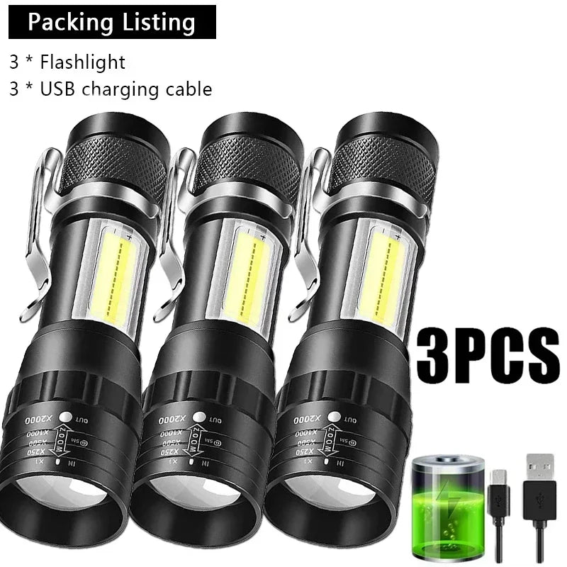 Portable Rechargeable LED Flashlight with Pen Clip Zoomable Waterproof Torch with Side Light Outdoor Camping Emergency Lantern - Daniel’s Outdoor Company