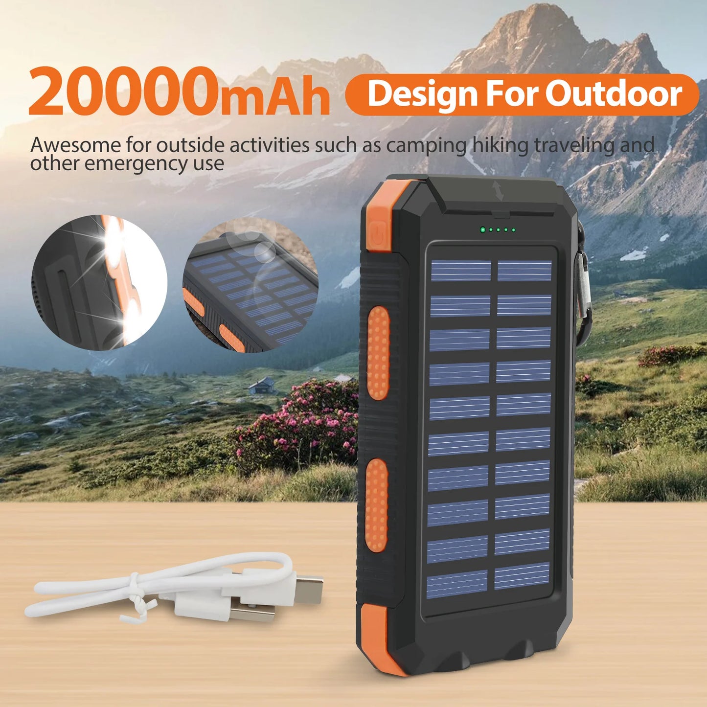 20000mAh Solar Power Bank Portable Solar Charger Waterproof Dual 5V USB Ports 2 LED Light Flashlight For Cell IPhone Outdoor Daniel’s Outdoor Company